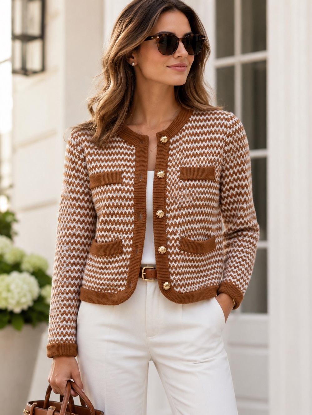 Free Assembly Russet & Ivory Textured Knit Cardigan Gold Buttons Size S Preppy
